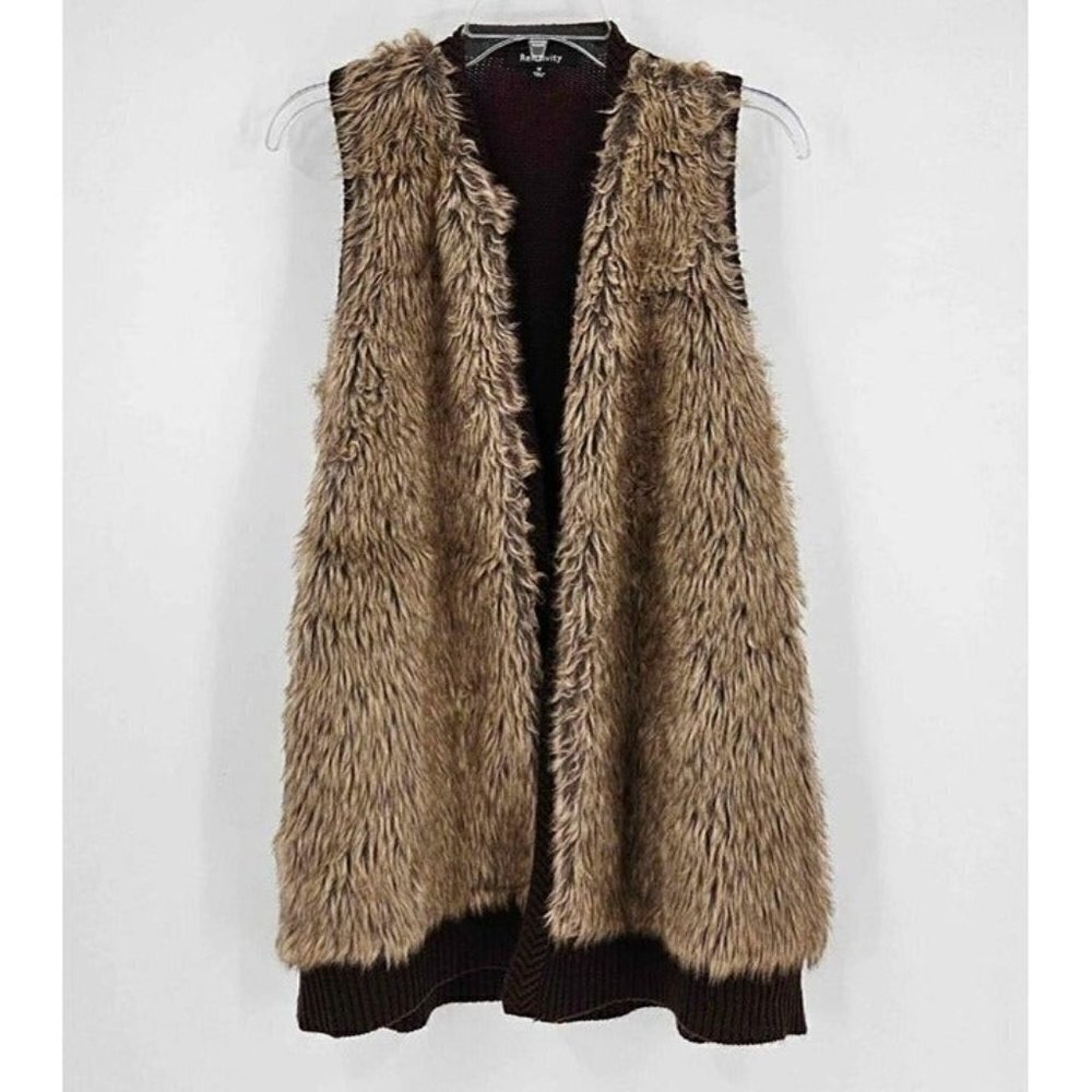 Relativity Womens Brown Faux Fur Knit Back Open Front Stretch Sweater Vest M